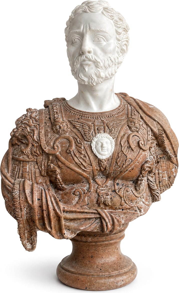 Busto classico con corazza decorata — Marmo chiaro e marmo rosato scolpiti