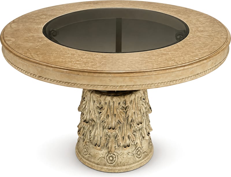 Tavolo rotondo in marmo con piano in vetro — Marmo beige scolpito e piano in vetro